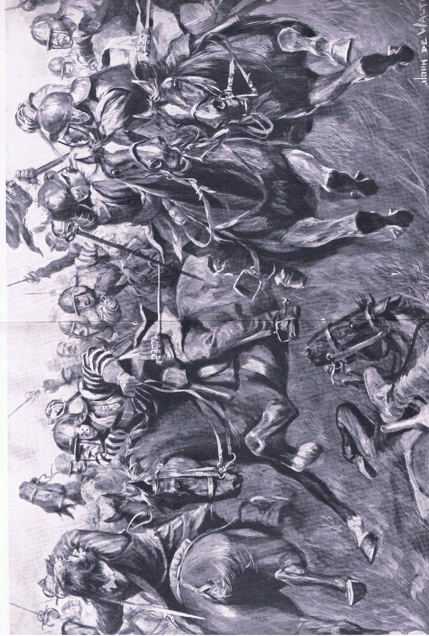 Marston Moor, 2 juli 1644: Det skotska kavalleriet under Leslie attackerar prins Ruperts flank, illustration från brittiska striderna på land och hav, 1915 av John de Walton