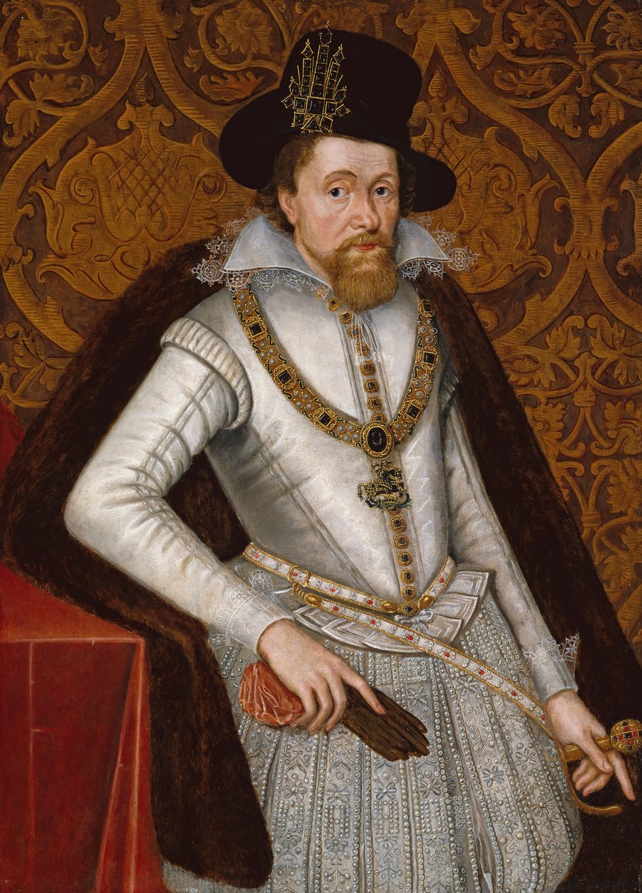 King James VI och I, ca 1605 (olja på panel) av John de the Elder Critz