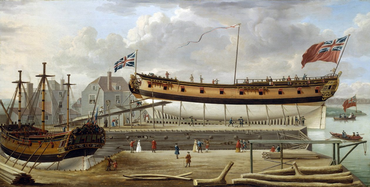 Ett fartyg av sjätte klass (sixth rate), ett brittiskt örlogsfartyg från Royal Navy, i torrdocka, varvet är troligen det i Rotherhite, på Themsens södra strand (England) av John the Elder Cleveley