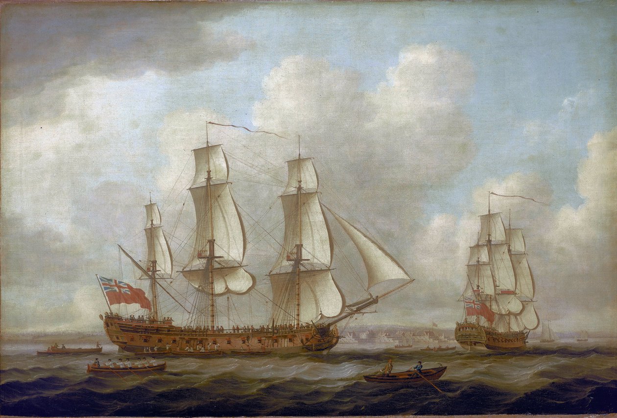 Indiamanfartyget "Princess Royal" utanför den brittiska kusten med en befäst hamn. Olja på duk av John the Elder Cleveley