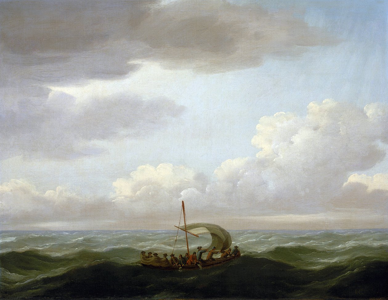 Besättningen på galeasen "Luxborough" i en livbåt. Oljemålning, ca 1727, av John Cleveley (1712-1777). av John the Elder Cleveley