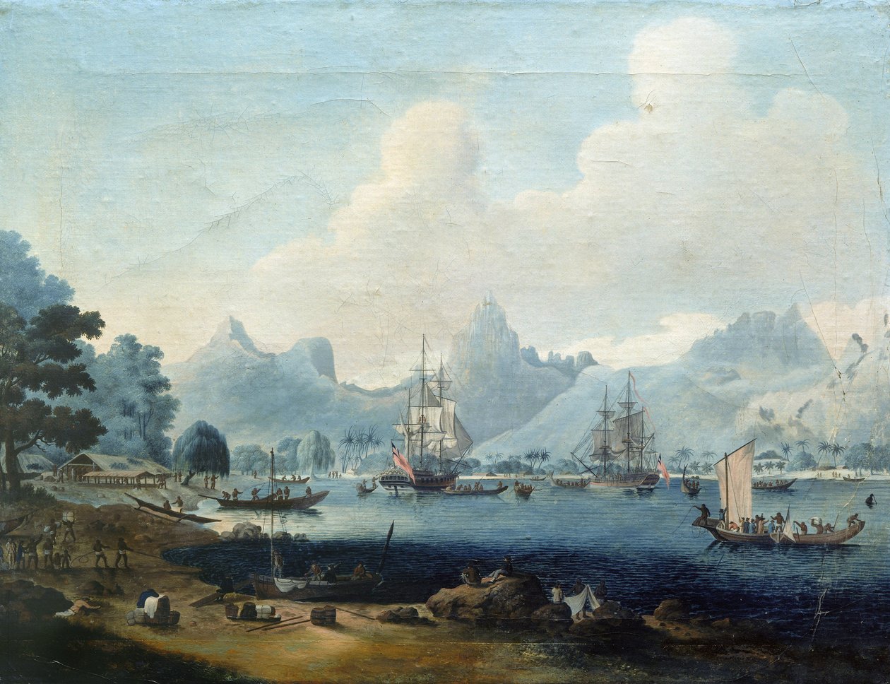Fartygen HMS "Resolution" och "Discovery" ankrar i Moorea (Tahiti), under James Cooks expeditioner (1728-1779), som målaren deltog i 1772-1773 av John the Elder Cleveley