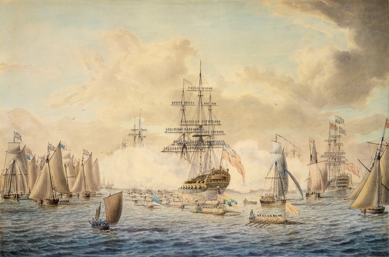 George III granskar flottan vid Spithead, 22 juni 1773, föreställande HMS "Royal Oak av John the Younger Cleveley