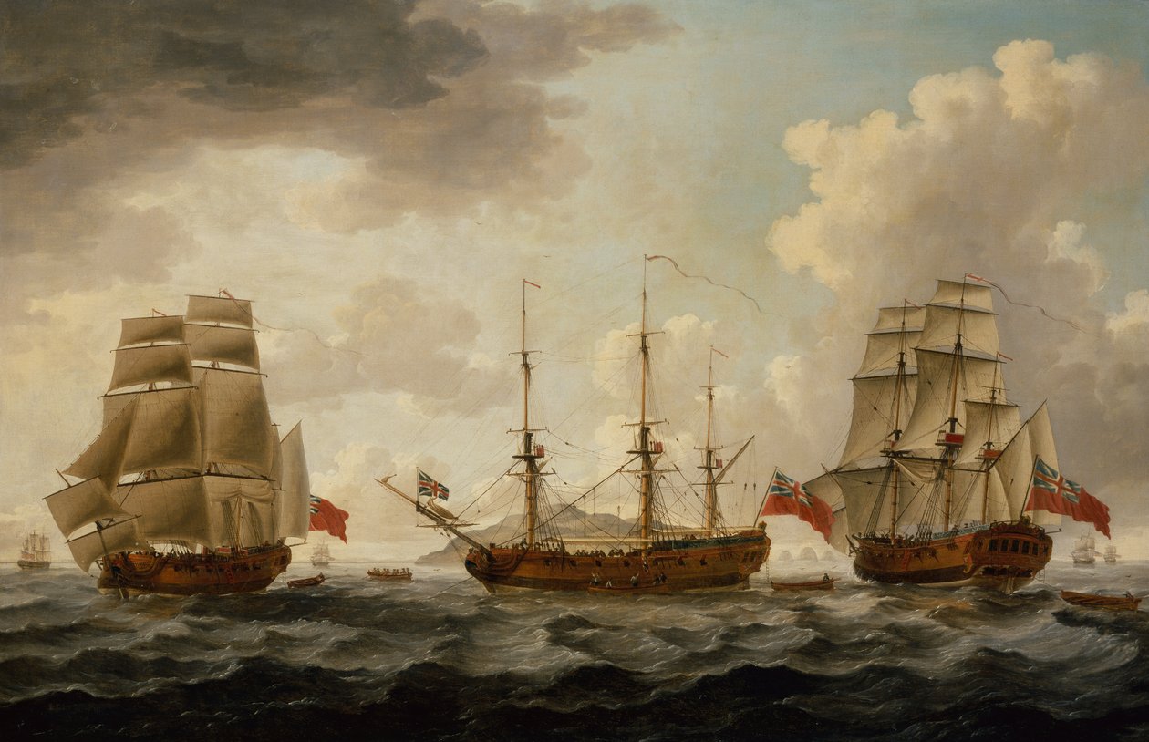 H.M.S. Tyrall på tre positioner utanför Antigua av John the Younger Cleveley