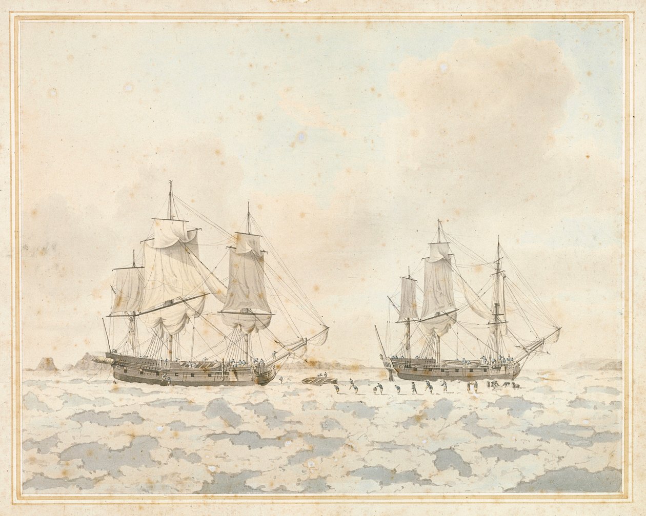 De brittiska fartygen Racehorse och Carcass, fångade i isen under en arktisk expedition, 31 juli av John the Younger Cleveley
