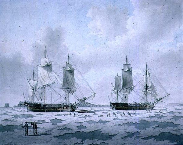 The Ships of Lord Mulgraves Expedition of Discovery inbäddade i is i polarområdena av John the Younger Cleveley