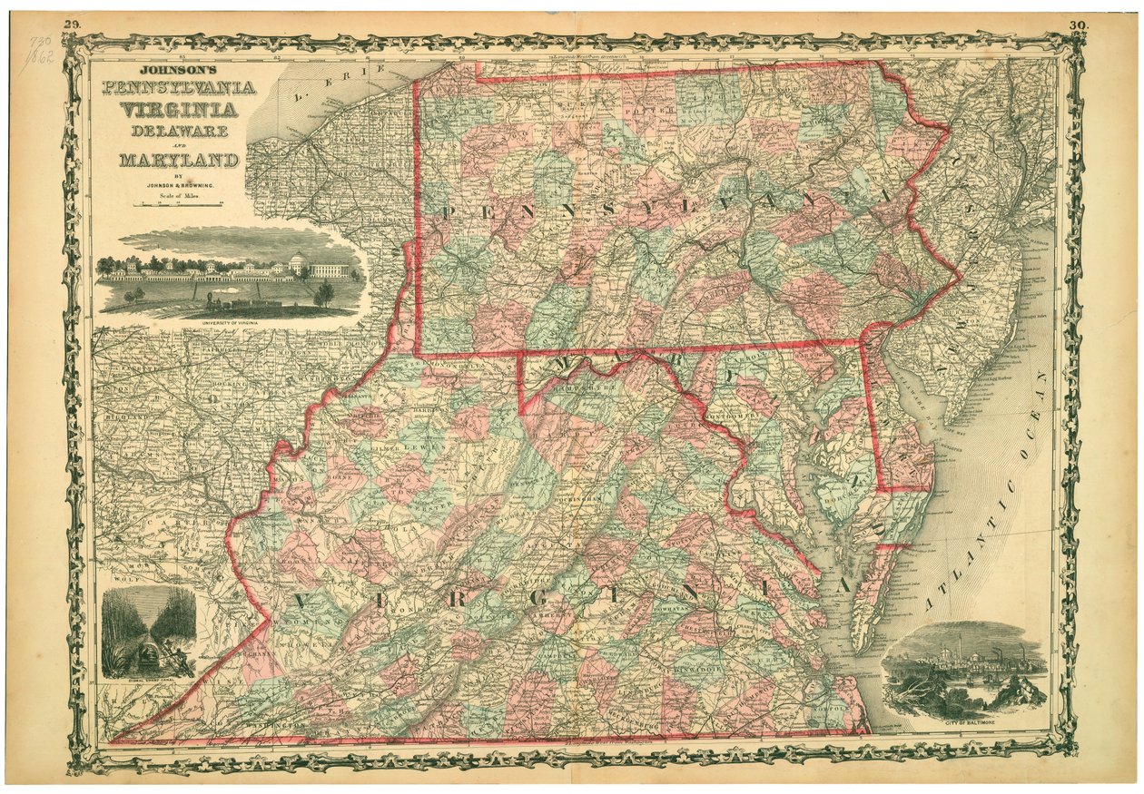 University of Virginia, Dismal Swamp och City of Baltimore. Tallrikar 29-30. Lättnad visas av hachures. av Johnson and Browning