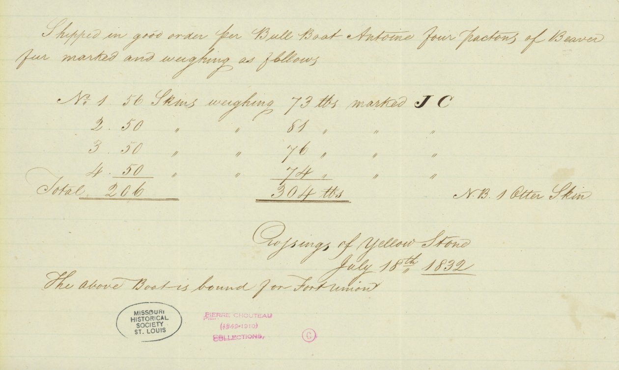 Note of Johnson Gardner, Crossings of Yellow Stone, July 18, 1832 av Johnson Gardner