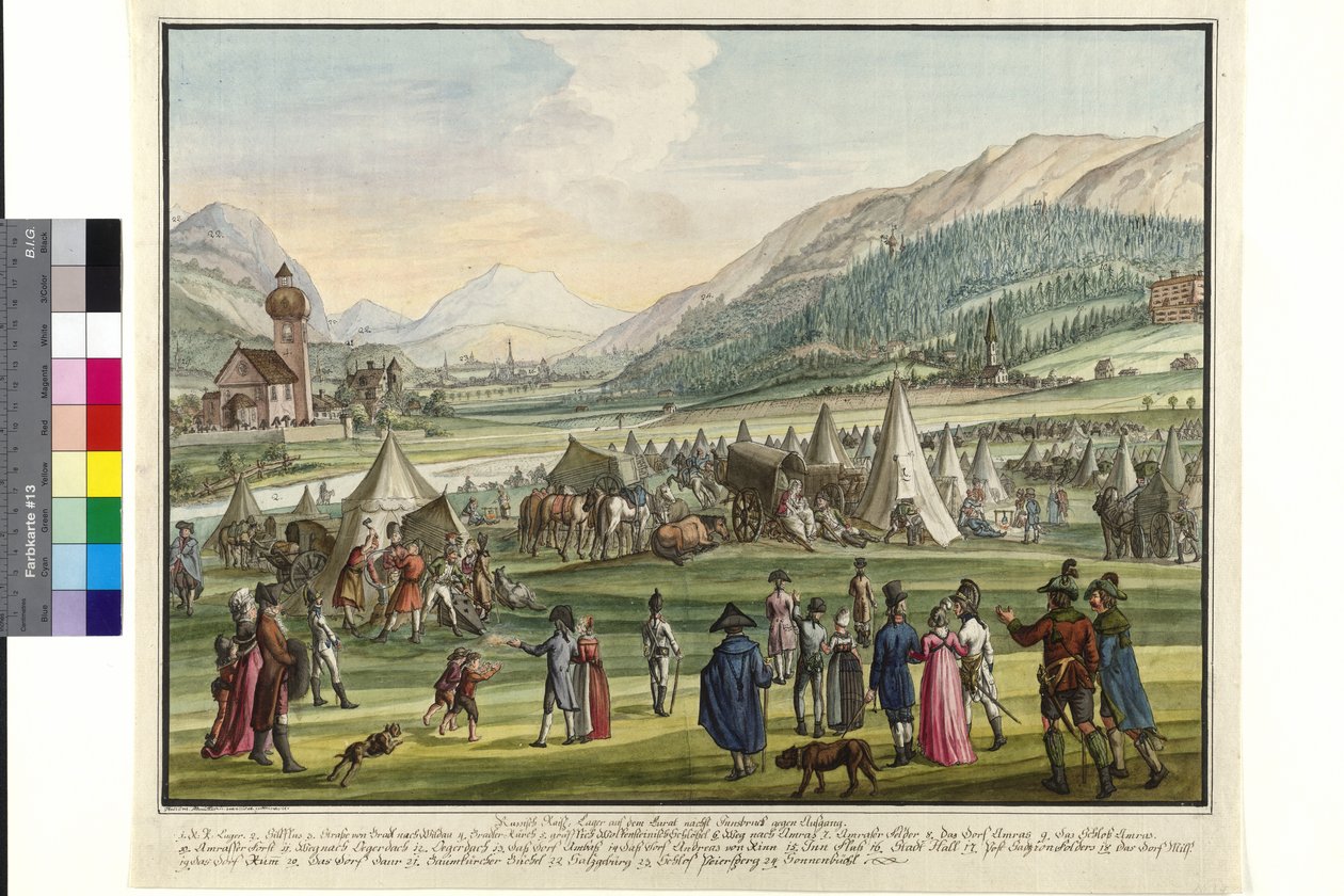 Kejserligt ryskt läger på Neurauth vid Innsbruck 1799 (akvarell) av Jokob Placidus Altmutter