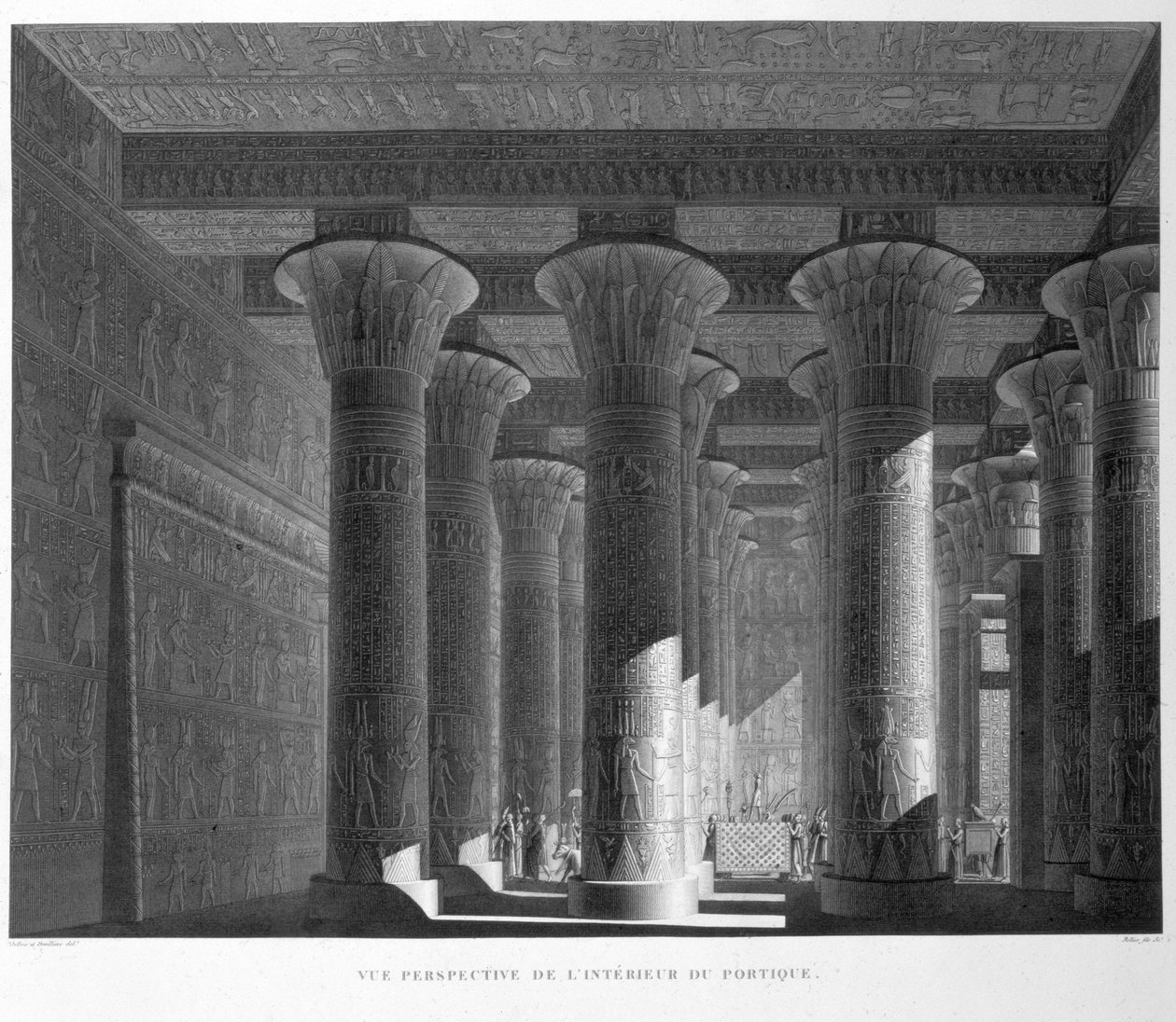 Perspektivisk vy av portikens interiör, Esne (Latopolis), platta 83 från Vol I av `Descriptions of Egypt`, graverad av Sellier, 1822 (akvatint) av Jollois and Devilliers
