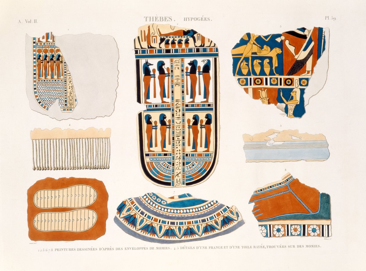 Illustrationer av dekorativa detaljer från mumiers omslag, 4,5; Detalj av en lugg och ett randigt material som finns på mumierna, Thebe, Hypogees, plåt 59 från Vol II av `Descriptions of Egypt av Jomard