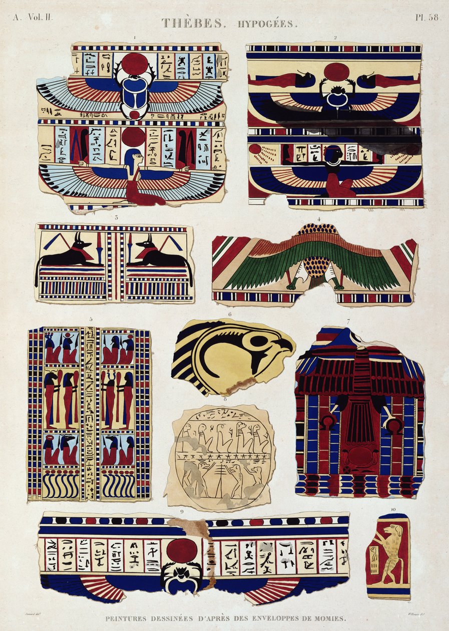 Illustrationer av målade mönster från mumiernas omslag, Hypogees, Thebe, plåt 58 från Vol II av `Descriptions of Egypt`, graverade av Willemin, 1822 (akvatint) av Jomard