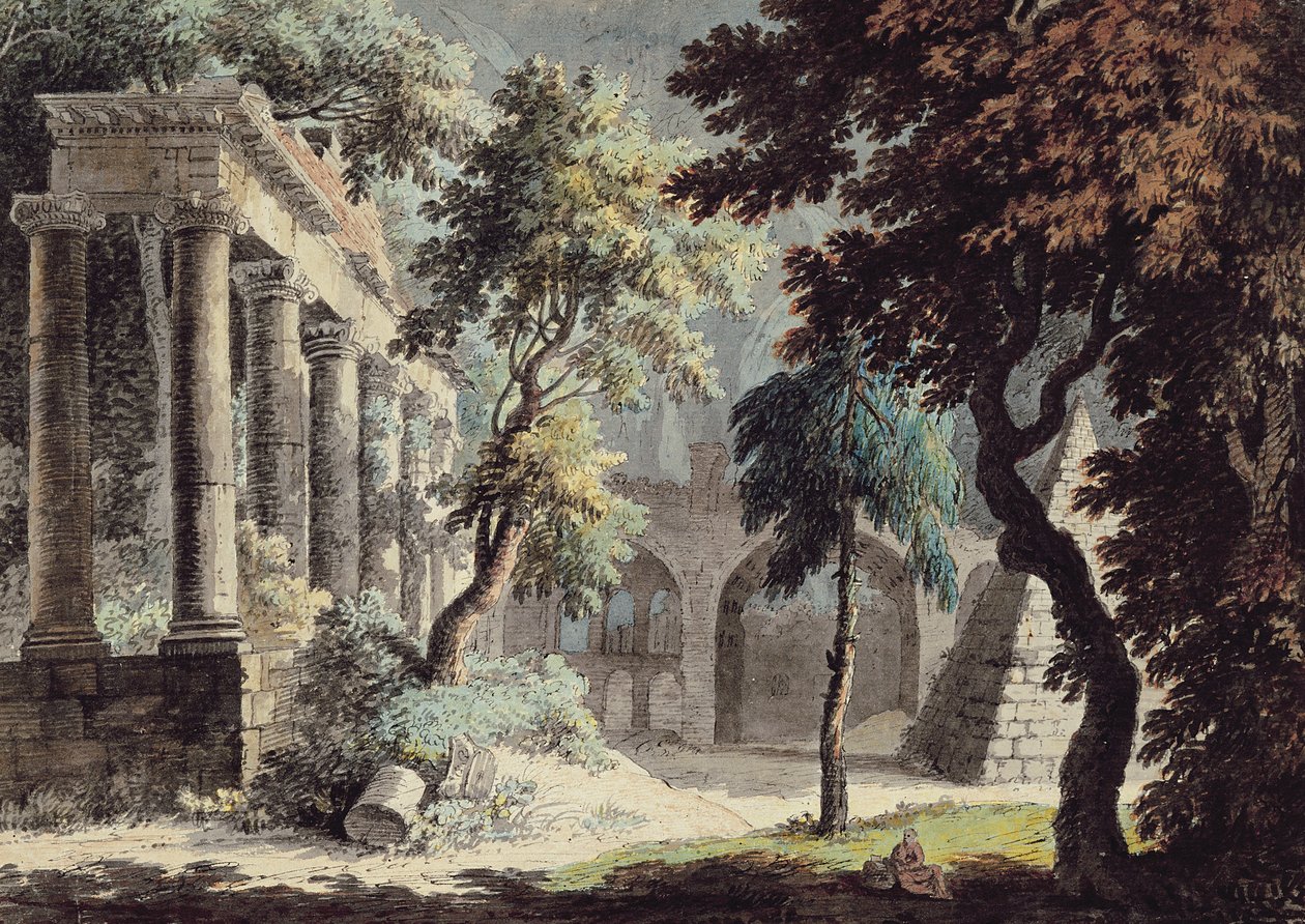 Saturnus tempel (romerska ruiner) (penna och bläck, akvarell och tvätt på papper) av Jonathan Skelton
