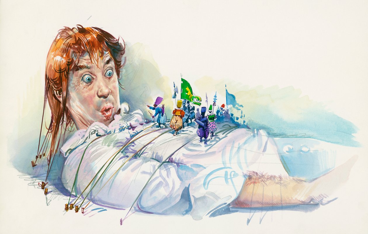 Lemuel Gulliver fångad av Lilliputians, från Gullivers resor, roman av Jonathan Swift (1667-1745), teckning av Jonathan Swift