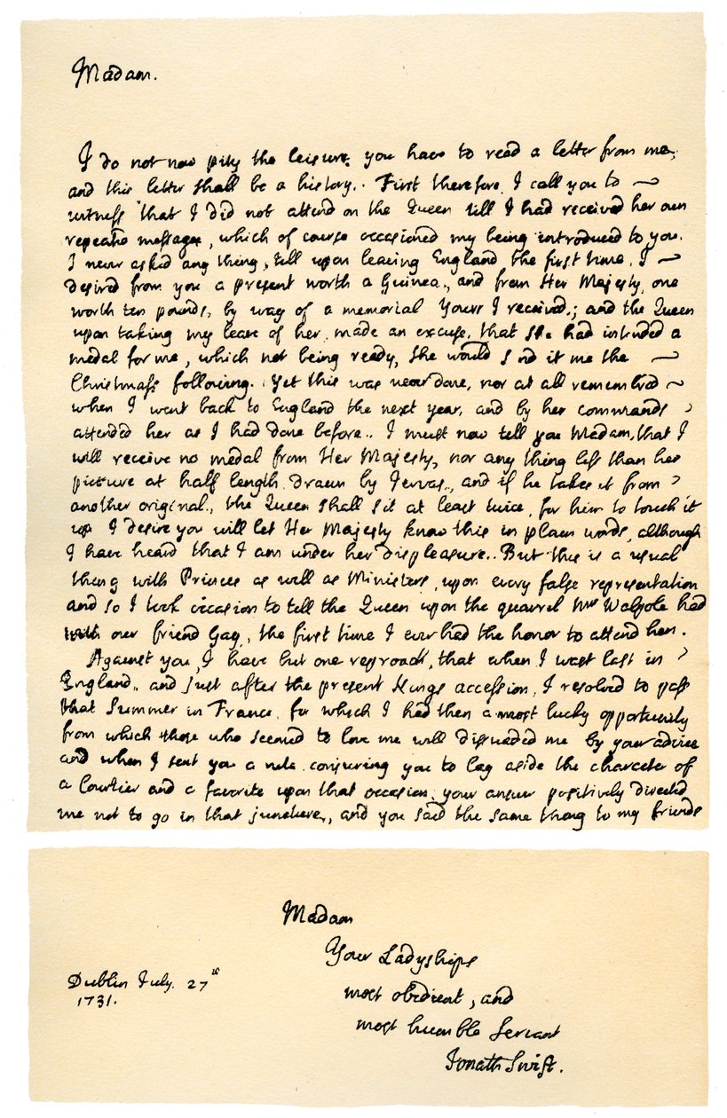 Brev från Jonathan Swift till Henrietta Howard, 21 november 1730. av Jonathan Swift