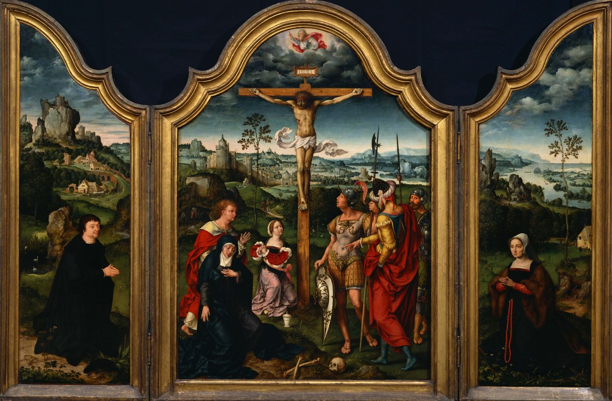 Triptyk- Korsfästelsen flankerad av den knälande givaren och hans fru av Joos van Cleve