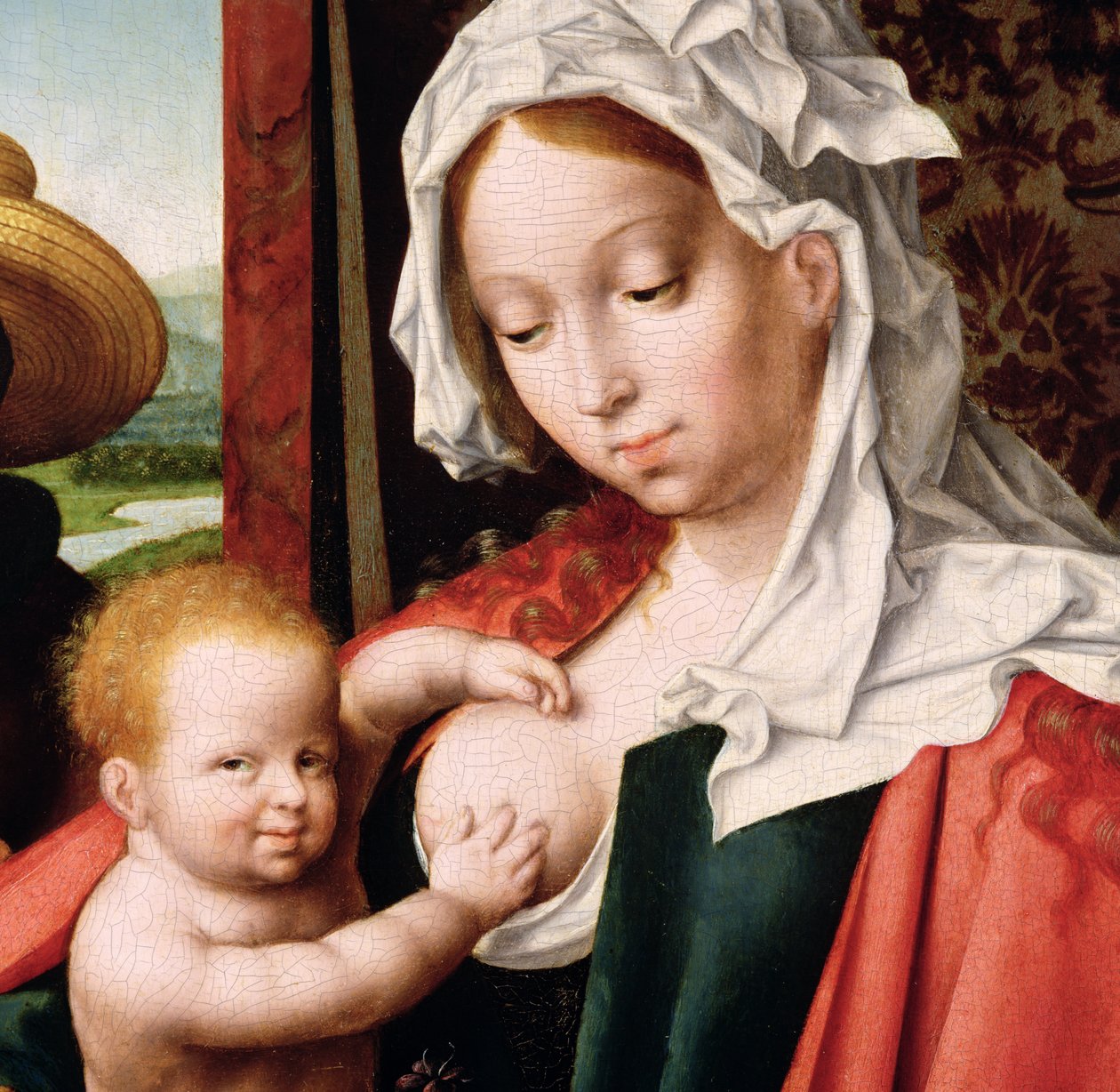 The Holy Family, c.1520 olja på paneldetalj av 204176 av Joos van Cleve