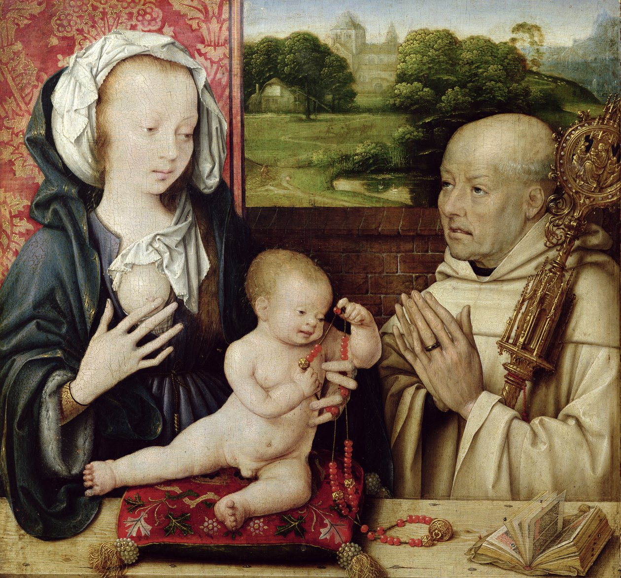 Jungfrun och barnet dyrkade av St. Bernard olja på paneldetalj från 15955 av Joos van Cleve