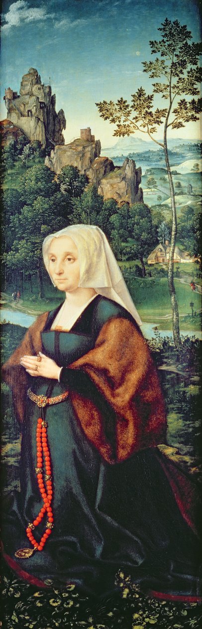 Donatorns hustru knäböjer vid en flod (par 155176) av Joos van Cleve