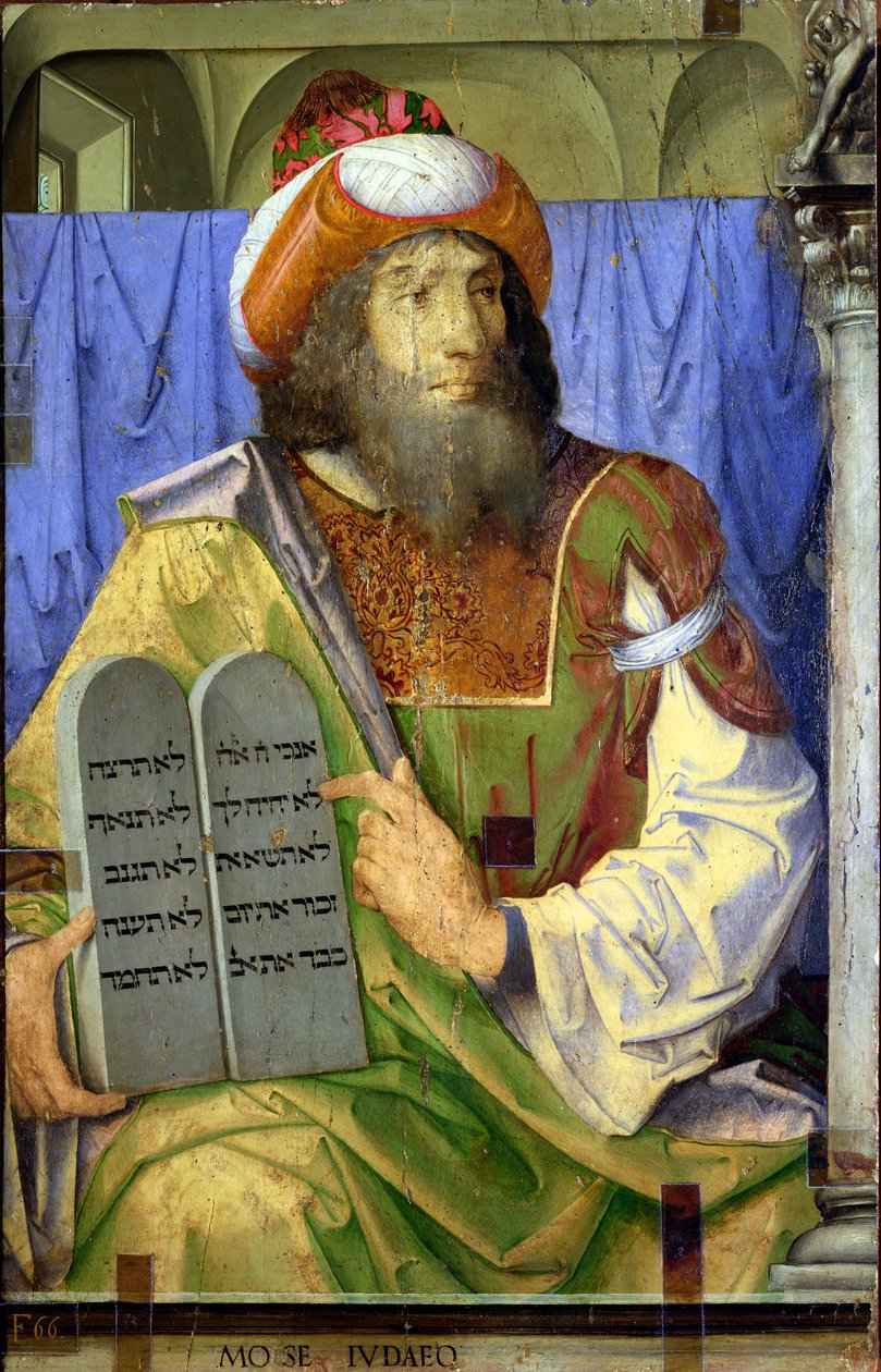 Moses med de tio budorden, från en serie porträtt av berömda män (panel) (detalj) (se 80418) av Joos van Gent