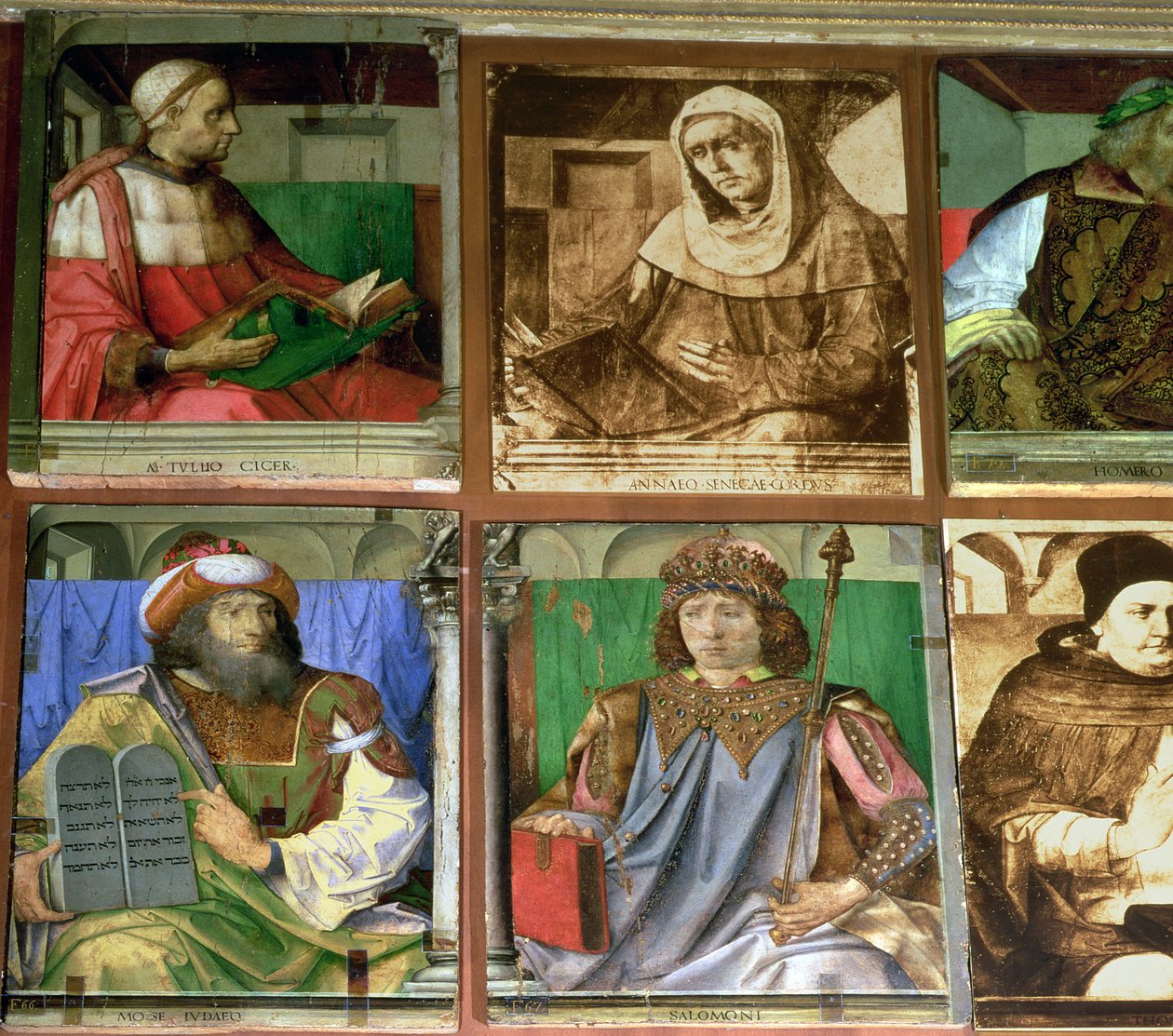 Studien av Federigo da Montefeltro, hertig av Urbino, medurs från TL: Cicero, romersk talare (106-43 f.Kr.); Seneca, romersk stoisk filosof (c.4 f.Kr.-c.65 e.Kr.); Homeros, grekisk episk poet (700-talet f.Kr.); St av Joos van Gent