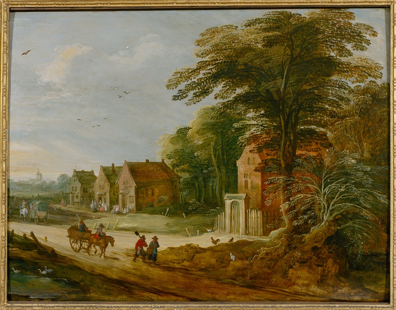 Resenärer som passerar genom en by (olja på panel) av Joos de (studio of) Momper