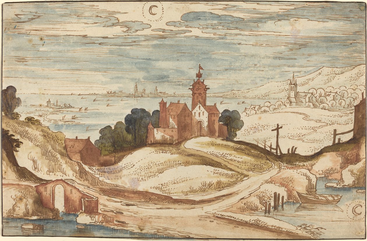 Landskap med Chateau på en kulle av Joos de Momper II
