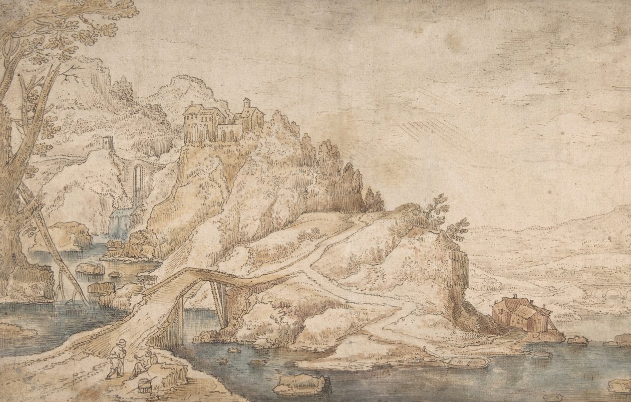 Kuperat landskap med flod, bro och hus med två figurer till vänster, sent 1500-mitten av 1600-talet. av Joos de Momper the Younger.