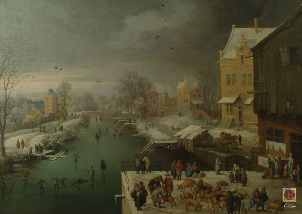 Vinterlandskap med skridskoåkare och en grismarknad av Joos de Momper the younger