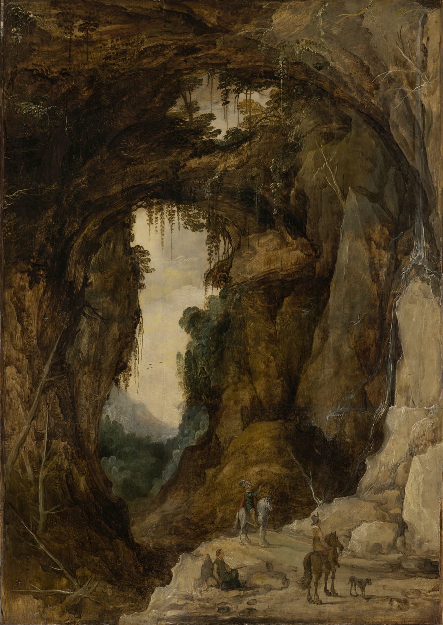 Landskap med grotta och en ryttare av Joos de Momper the younger