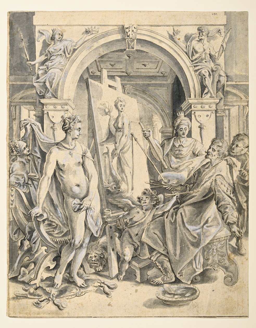Apelles målning Campaspe (penna och brunt bläck, grå tvätt, vit kroppsfärg på lagt papper) av Joos or Jodocus van (after) Winghe