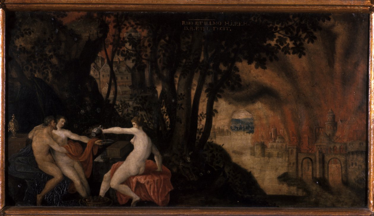 Lot och hans döttrar under rosor och lagerträd av Joos or Jodocus van Winghe