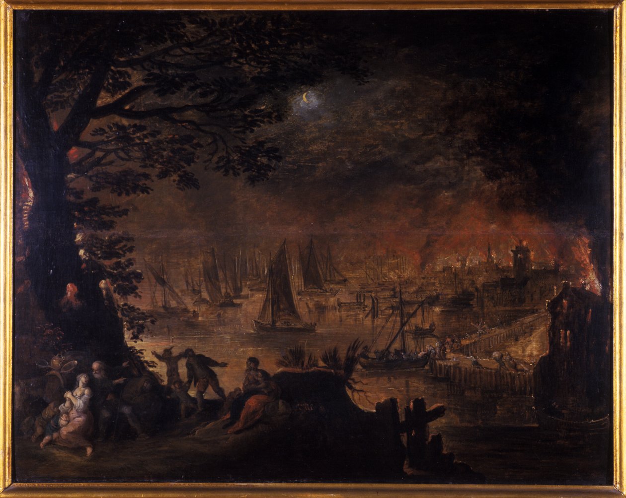 Brinnande stad vid havet av Joos or Josse de Momper