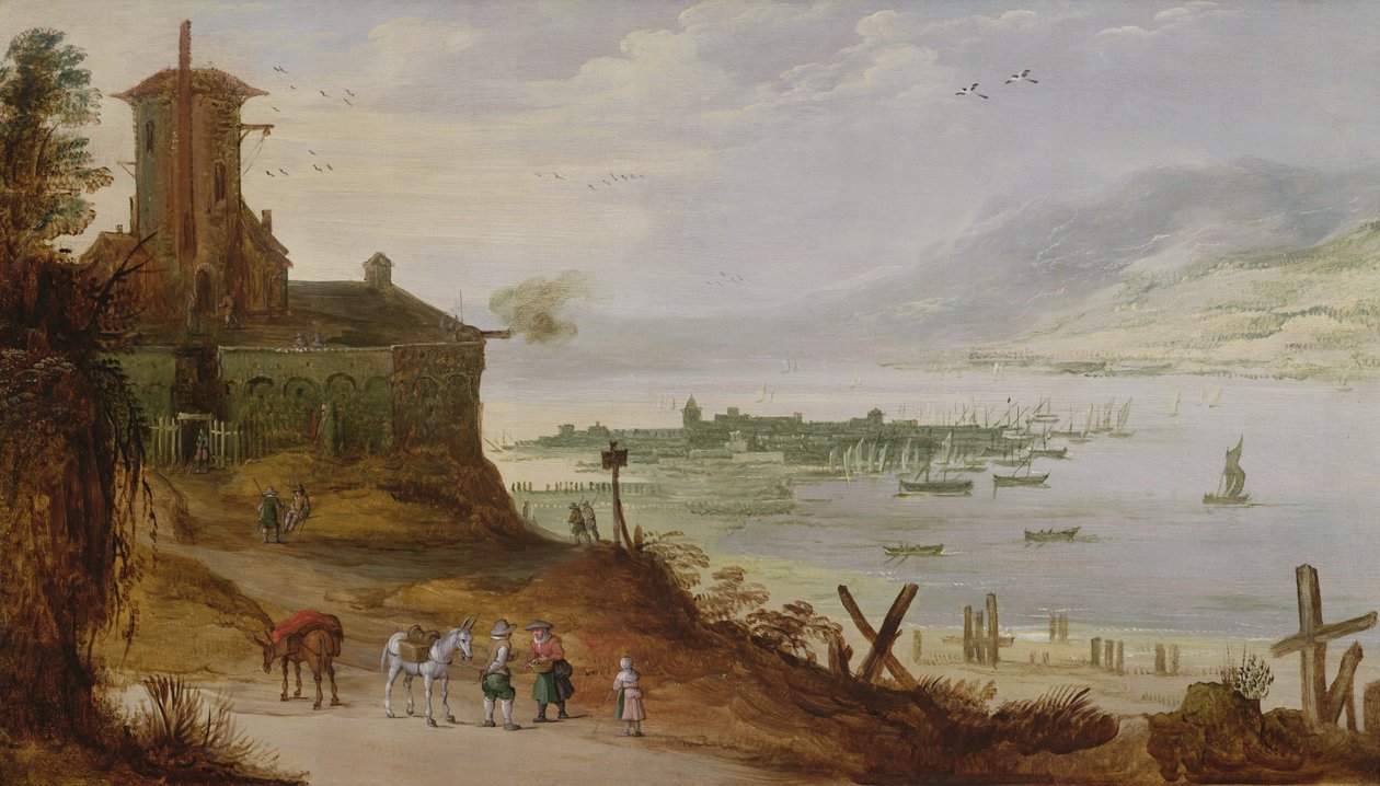 Hillside Town med utsikt över en hamn av Joos or Josse de Momper