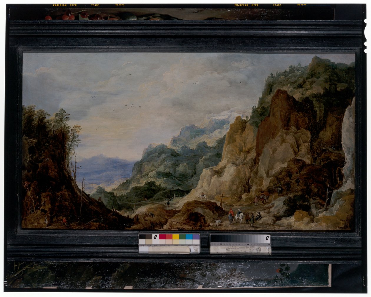 Ett bergigt panoramalandskap med gesäller som ger till de fattiga, packhästar bortom av Joos or Josse de The Younger Momper