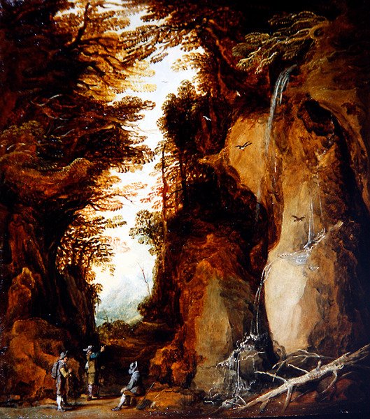 Ett alplandskap med resande (olja på panel) av Joos or Josse de The Younger Momper