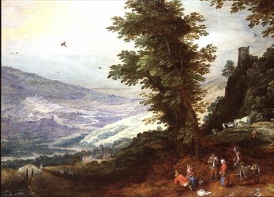 Vidsträckt landskap med bönder av Joos or Josse de The Younger Momper