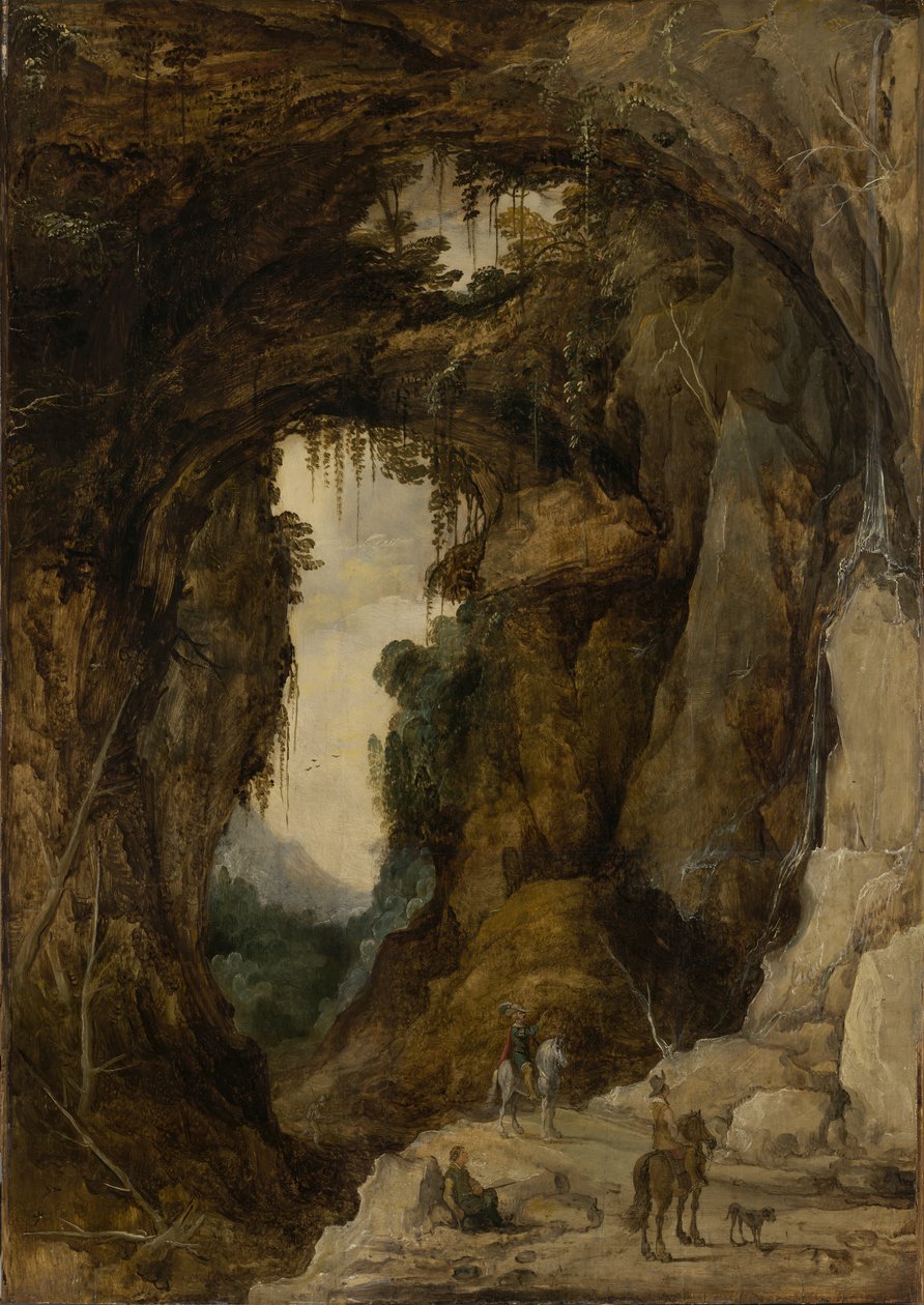 Landskap med grotta och en ryttare, ca 1616 (olja på panel) av Joos or Josse de The Younger Momper