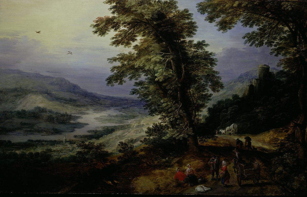 Bergsväg med resenärer, ca 1610-25 (olja på vagga) av Joos or Josse de The Younger Momper
