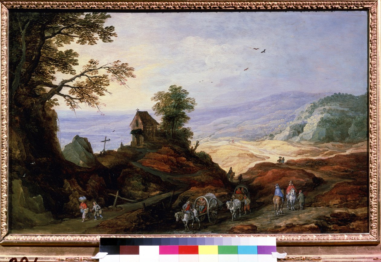 Landskap med ett kapell på en kulle. Bönder på plogar går på vägarna. Målning av Joos de Momper Le Jeune (1564-1635), cirka 1608-1610. flamländsk konst. Olja på trä. Pushki konstmuseum av Joos or Josse de The Younger Momper