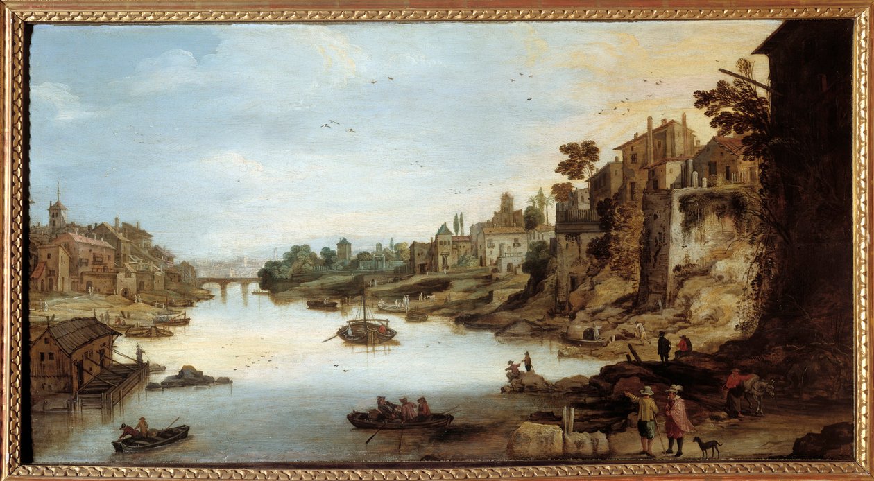 Utsikt över Tibern (Tevere) i Rom Ett hus på pålar till vänster. Målning av Josse Momper II (1564-1635) av Joos or Josse de The Younger Momper