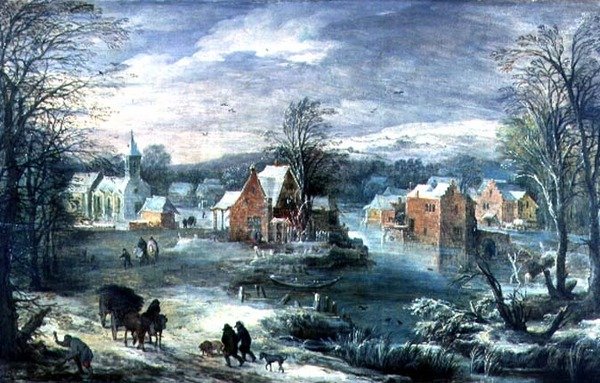 Bylandskap på vintern (panel) av Joos or Josse de The Younger Momper