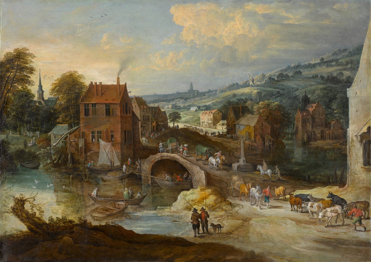 Bylandskap med en bro, cirka 1620-talet (olja på duk) av Joos or Josse de The Younger Momper