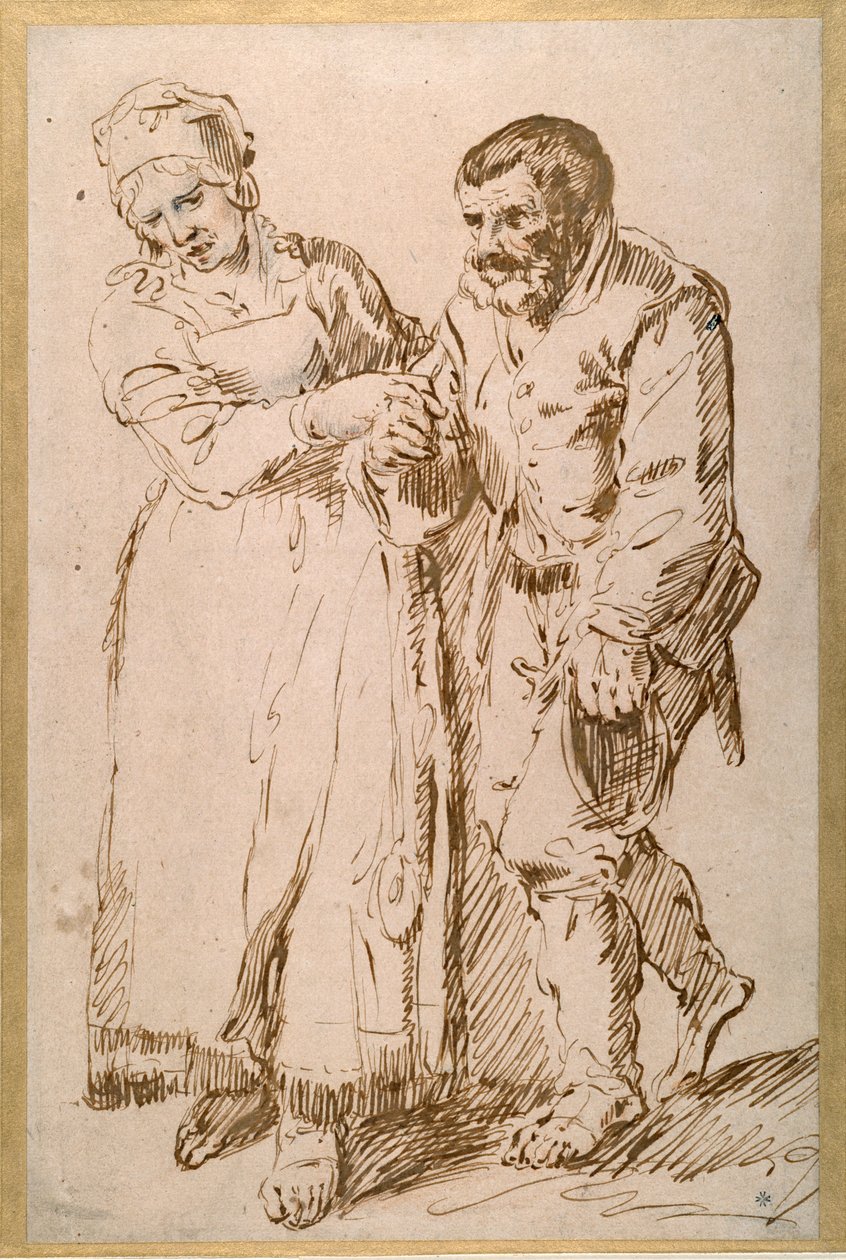 En äldre bondes steg guidade av sin fru (penna och bläck med krita på papper) av Joos van (attr. to) Craesbeeck