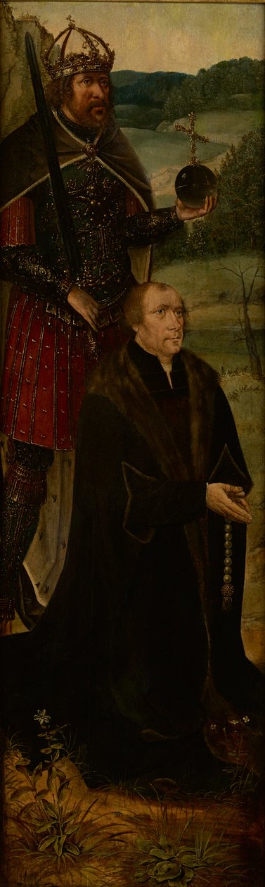 kung Konstantin och en donator; en vinge på en altartavla (olja på panel) av Joos van (follower of) Cleve