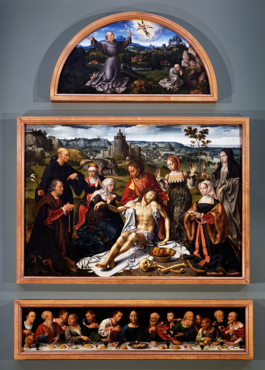 Altartavla av avsättningen, med St Franciskus stigmata, Kristi avsättning och den sista måltiden från Minor-brödernas kyrka i Genua, ca 1520 av Joos van Cleve