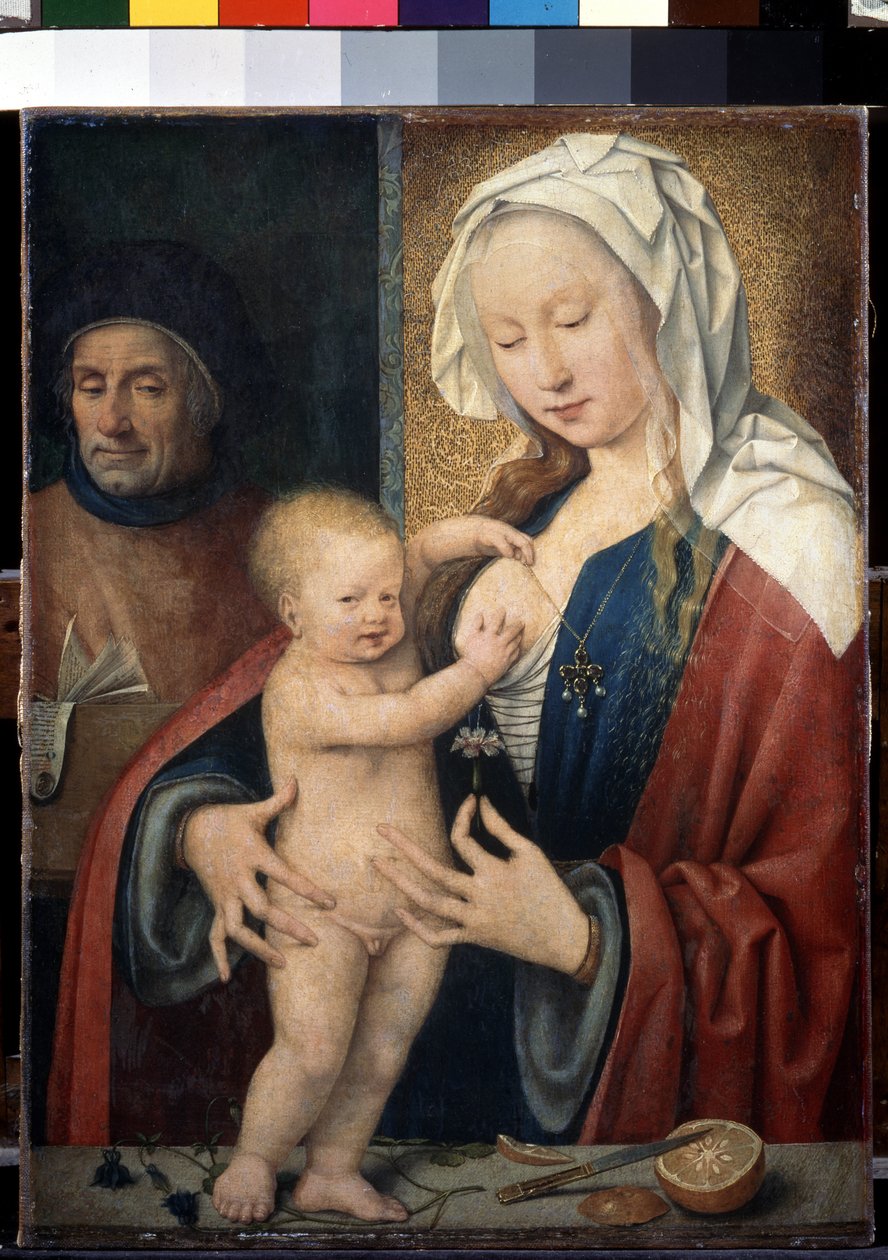 ""The Holy Family"" (The Holy Family) Barnet Jesus leker med sin mammas bröst. Målning av Joos van Cleve (Cleef) (cirka 1485-1540) 1500-talet Mått 42,5x31,5 cm Sankt Petersburg. Eremitagemuseet av Joos van Cleve