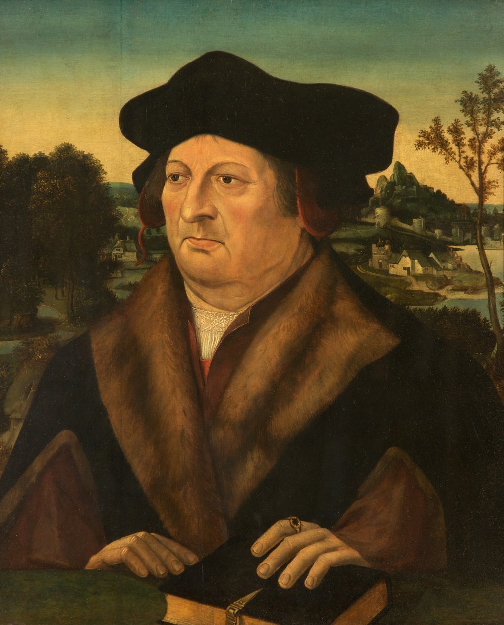 Porträtt av en gentleman i ett landskap av Joos van Cleve