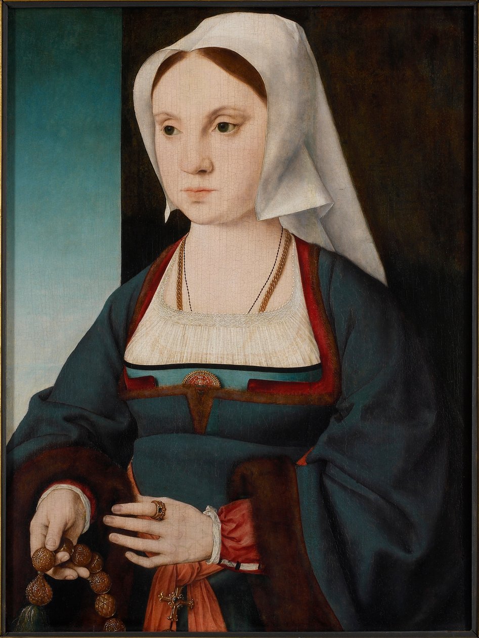 Porträtt av en ung dam med ett radband, 1514-1519. av Joos van Cleve