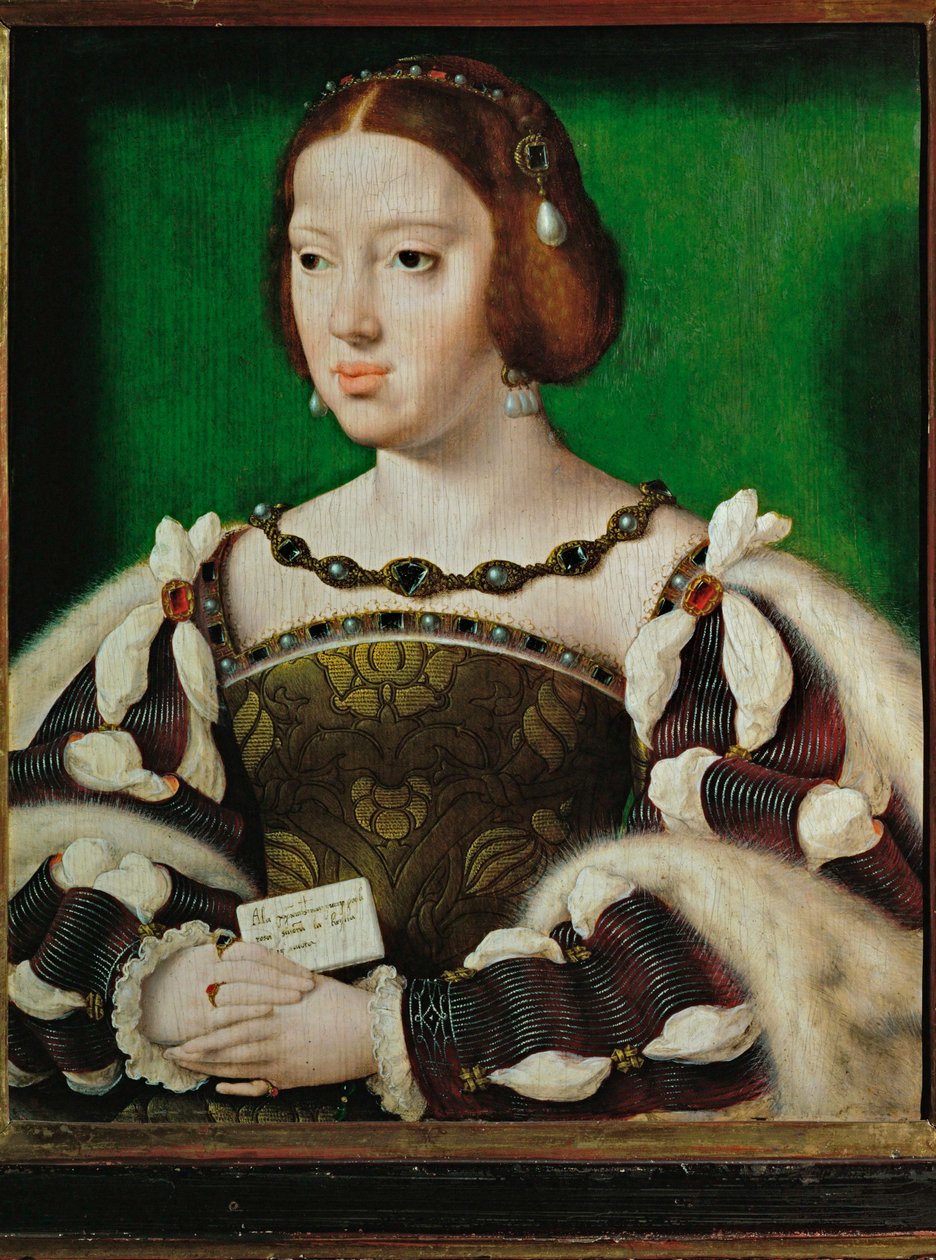Drottning Eleonora av Frankrike, hustru till Francois I av Frankrike, dotter till Filip den sköne, syster till kejsar Karl V ... (olja på ek) av Joos van Cleve